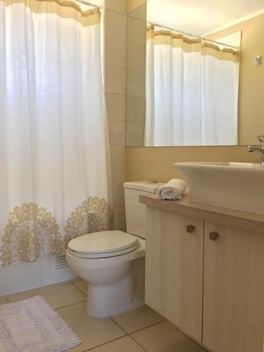 un baño con inodoro y lavabo en Casa Pucón, en Pucón