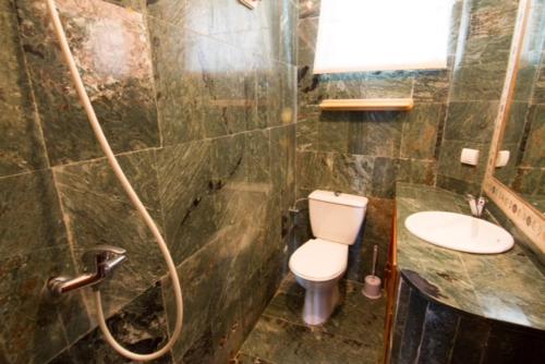 een badkamer met een douche, een toilet en een wastafel bij Appartement Taghazout in Taghazout