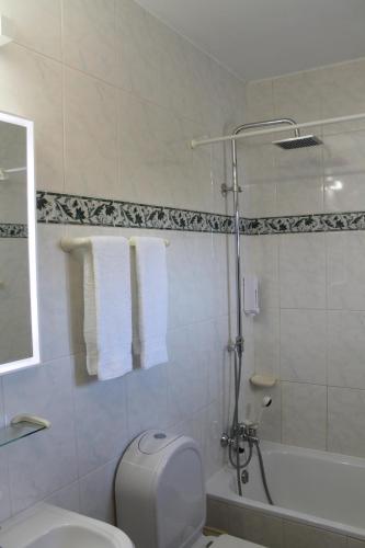 a bathroom with a toilet and a tub and a sink at Vivenda Solmar in Lagos