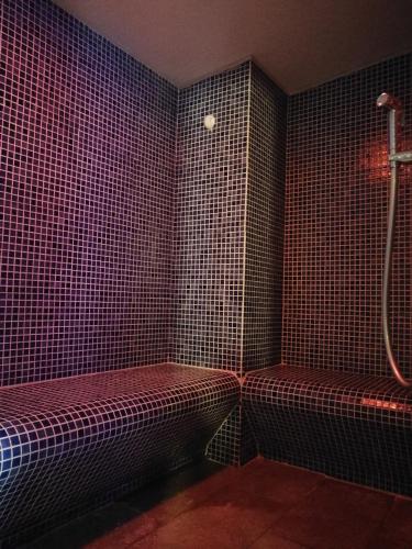 a bathroom with a shower with red tiled walls at Hotel Edelweiss & SPA in Cesana Torinese