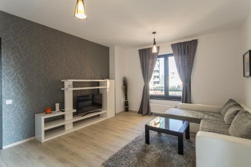a living room with a couch and a tv at Orange Onix Apartaments in Bucharest
