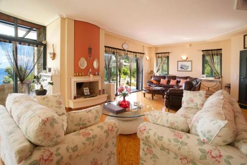 a living room with two couches and a fireplace at Ionian Queen Villa in Dhikhália