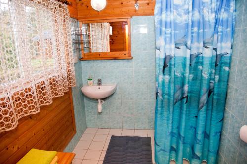 La salle de bains est pourvue d'un lavabo et d'une douche. dans l'établissement Lepametsa Holiday Houses, à Nasva