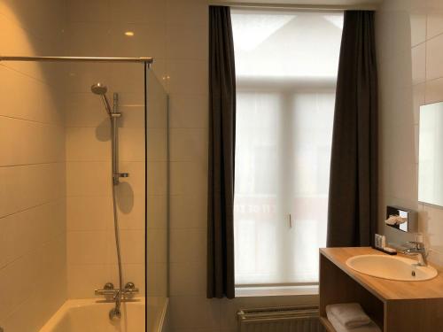 een badkamer met een glazen douche en een wastafel bij Hotel De Franse Kroon in Diest