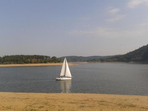 a sail boat in the water on a lake at apartmány pod lesem in Bohutín