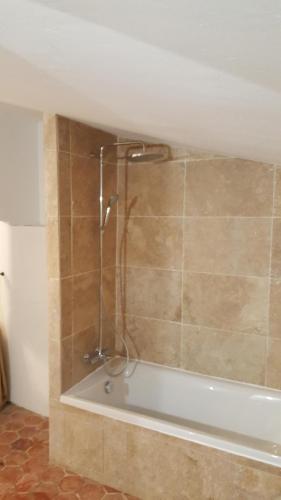 La salle de bains est pourvue d'une douche et d'une baignoire. dans l'établissement Maison d'artiste à Bonnieux, à Bonnieux