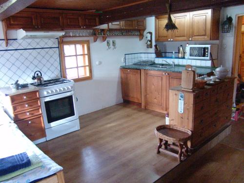 a kitchen with wooden cabinets and a stove top oven at Chalupa v Pokrkonoší in Rtyně v Podkrkonoší