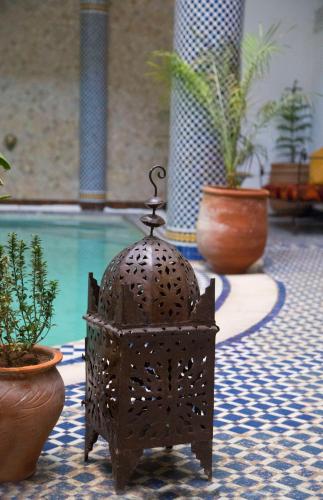 a metal bird feeder sitting next to a pool at Riad Jamaï in Fès