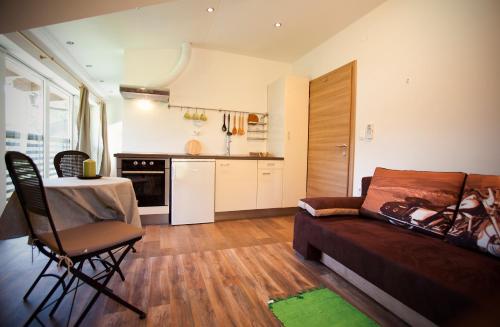 a kitchen and a living room with a couch and a table at Apartments Soča in Kobarid