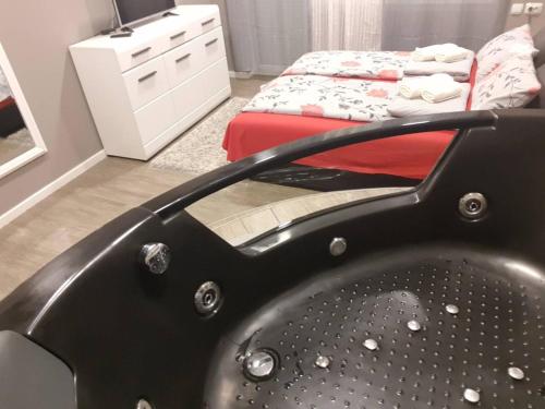 a bedroom with a bed and a black sink at Ceca Apartman in Niš