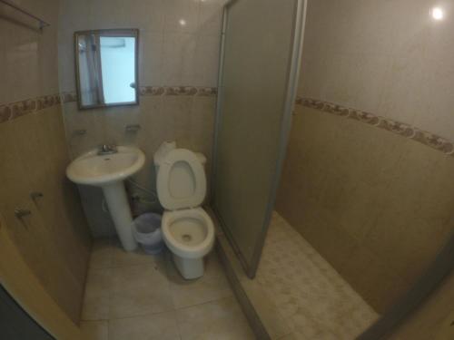 a bathroom with a toilet and a sink and a shower at Backpacker Inn in Panama City