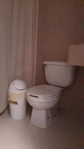 a bathroom with a toilet and a trash can at Hotel Real Colonial in Comitán de Domínguez