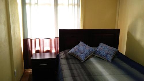 a bed with two pillows on it with a window at Casa en zona tranquila y rural in Higueronal
