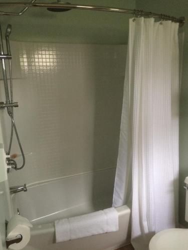 a bathroom with a tub and a shower with a curtain at Harwood Hill Motel in Bennington