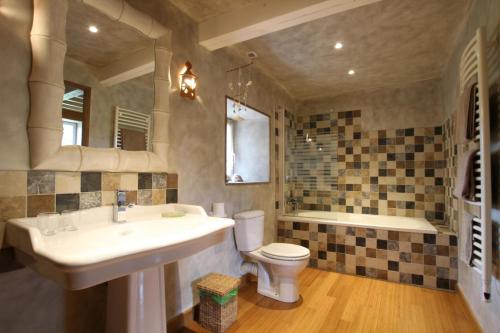 ヴァローニュにあるGites Du Manoir de Savignyのバスルーム(洗面台、トイレ、バスタブ付)