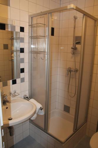 ein Bad mit einer Dusche und einem Waschbecken in der Unterkunft Gästeappartement Erlbacher Richard in Schladming