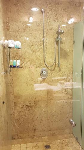 a shower with a glass door in a bathroom at Quetzal Apartment in Akumal