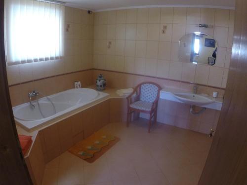 a bathroom with a tub and a sink and a chair at Apartment U Videmanů in Poniklá