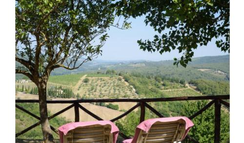 two chairs sitting on a fence looking at a valley at Camere e Appartamenti Baldini Romanita in Radda in Chianti