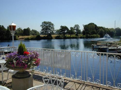 a view of a river from a balcony with flowers at Warren Lodge in Shepperton