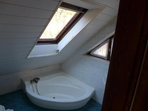 baño pequeño con aseo y ventana en Lakeside Apartment, en Tihany