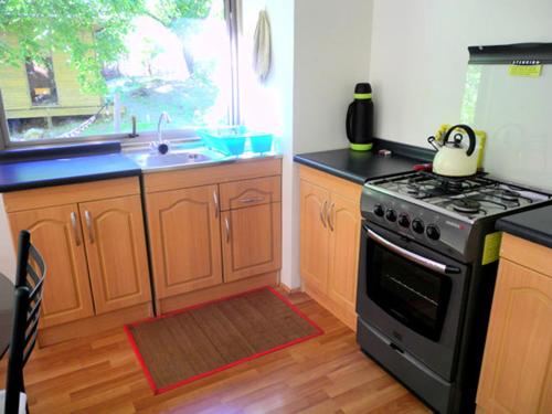 a kitchen with a stove and a sink at Cabañas Nogalia in San Alfonso