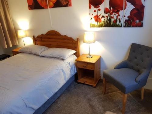 een slaapkamer met een bed, een stoel en een lamp bij Chelford Guesthouse in Marthall