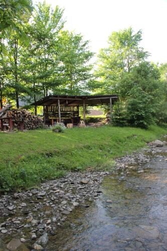 a wooden cabin next to a stream with a forest at Sielski Zakątek in Cisna