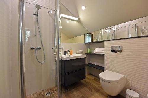 a bathroom with a shower and a toilet and a sink at Sakalo 44 in Palanga