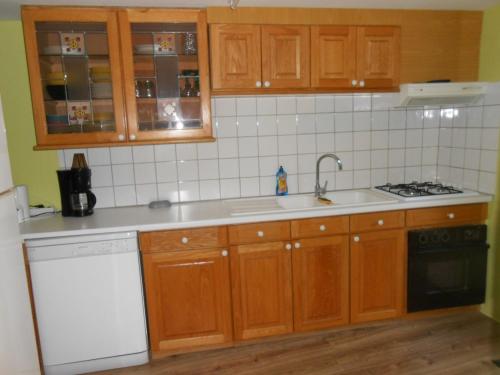 La cuisine est équipée de placards en bois, d'un évier et d'un lave-vaisselle. dans l'établissement Appartement, à Château-Renault