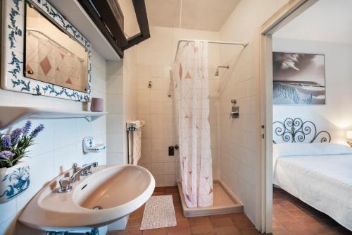 W łazience znajduje się umywalka i prysznic. w obiekcie Appartamento al Forte di Talamonaccio w mieście Fonteblanda