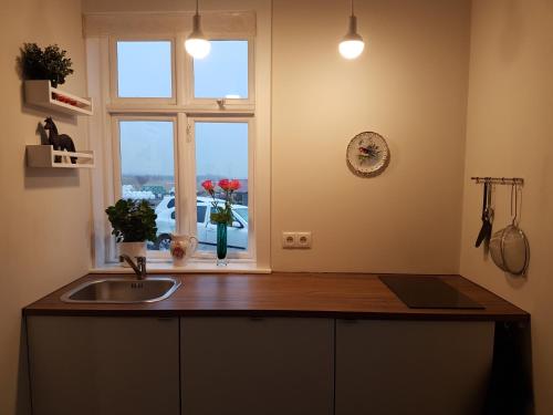 cocina con fregadero y ventana en Vorsabær Apartment en Selfoss