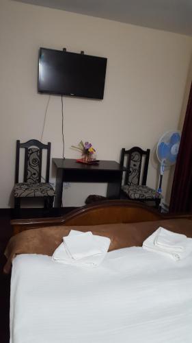 a bedroom with a bed with a tv on the wall at Pensiunea Hanami in Bacău