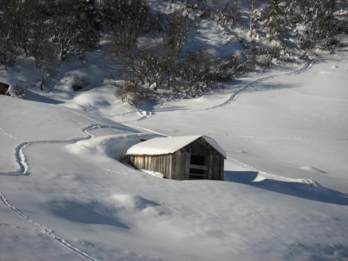 a barn covered in snow next to a road at Apart Renate in Galtür