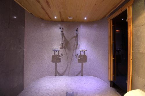 un bagno con doccia e tubo a muro di Villa Levinkajo a Levi