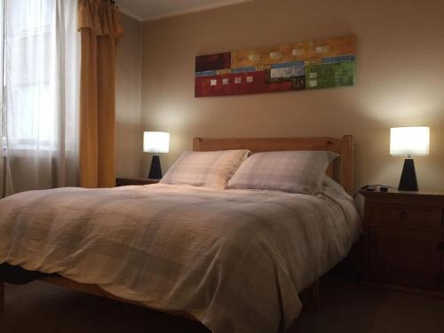 1 dormitorio con 1 cama grande y 2 lámparas en departamento en ñuñoa, en Santiago