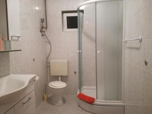 a bathroom with a shower and a toilet and a sink at Apartments Rose in Poreč