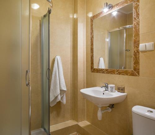 La salle de bains est pourvue d'un lavabo et d'une douche avec un miroir. dans l'établissement Jawor, à Zakopane