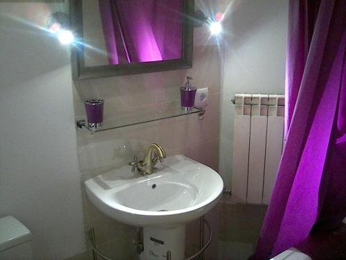セルセディリャにあるcasa angelesのバスルーム(シンク、鏡、紫色のカーテン付)