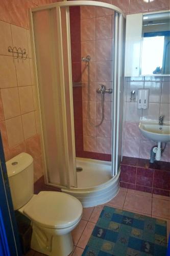 a bathroom with a shower and a toilet and a sink at Hotel Erfolg in Daugavpils