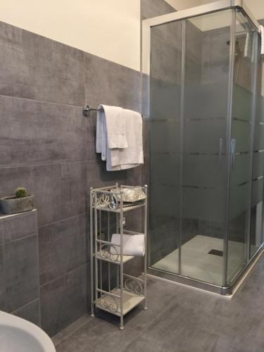 ヴェローナにあるPoloni Apartmentのバスルーム(ガラスドア付きのシャワー付)