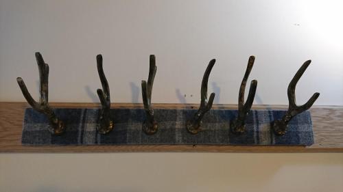 a row of antlers on a wooden shelf at Redcliffe Hotel in Inverness