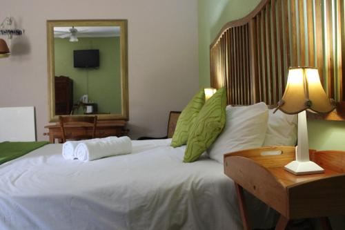 a bedroom with a large white bed and a mirror at Makarios Lodge in Polokwane
