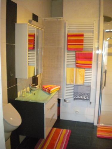 a bathroom with a sink and a toilet at Ferienhof Lorenzen in Dörphof