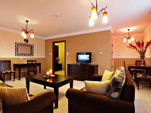a living room with two couches and a television at Hotel Fajkier in Kroczyce