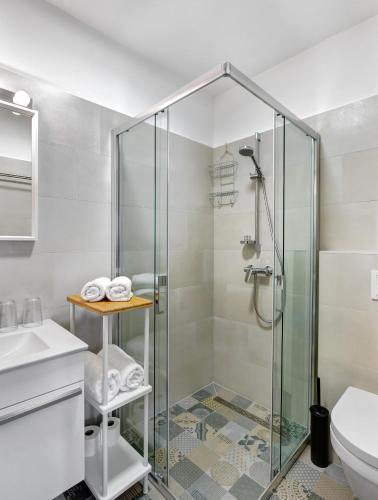 a bathroom with a shower and a toilet at Apartments Viola in Zagreb