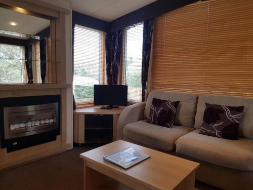 a living room with a couch and a fireplace at Sunnyvale Holiday Park in Saundersfoot