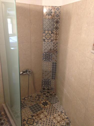 a bathroom with a shower with a tiled floor at Saxonis Houses & Saxonis Villa in Papigko
