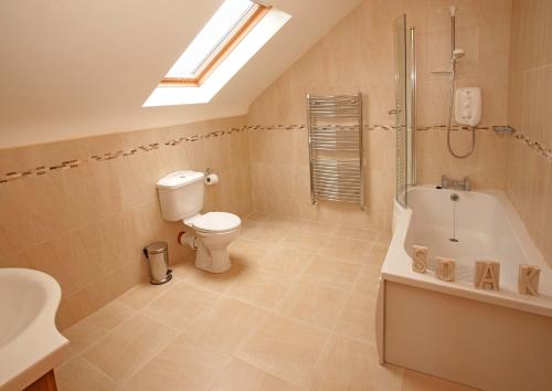 een badkamer met een toilet, een douche en een wastafel bij Cottage 238 – Cleggan in Cleggan