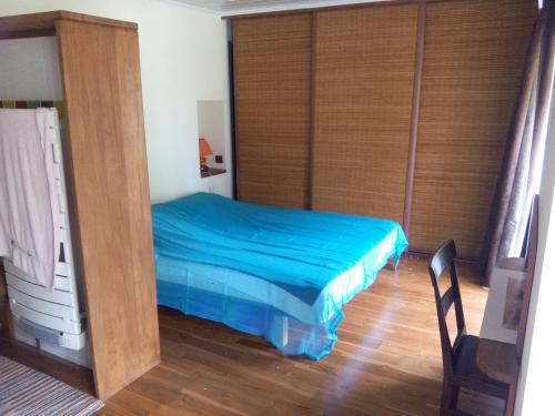 a bedroom with a bed with blue sheets and wooden doors at Château Bel-Air in Villers-Farlay